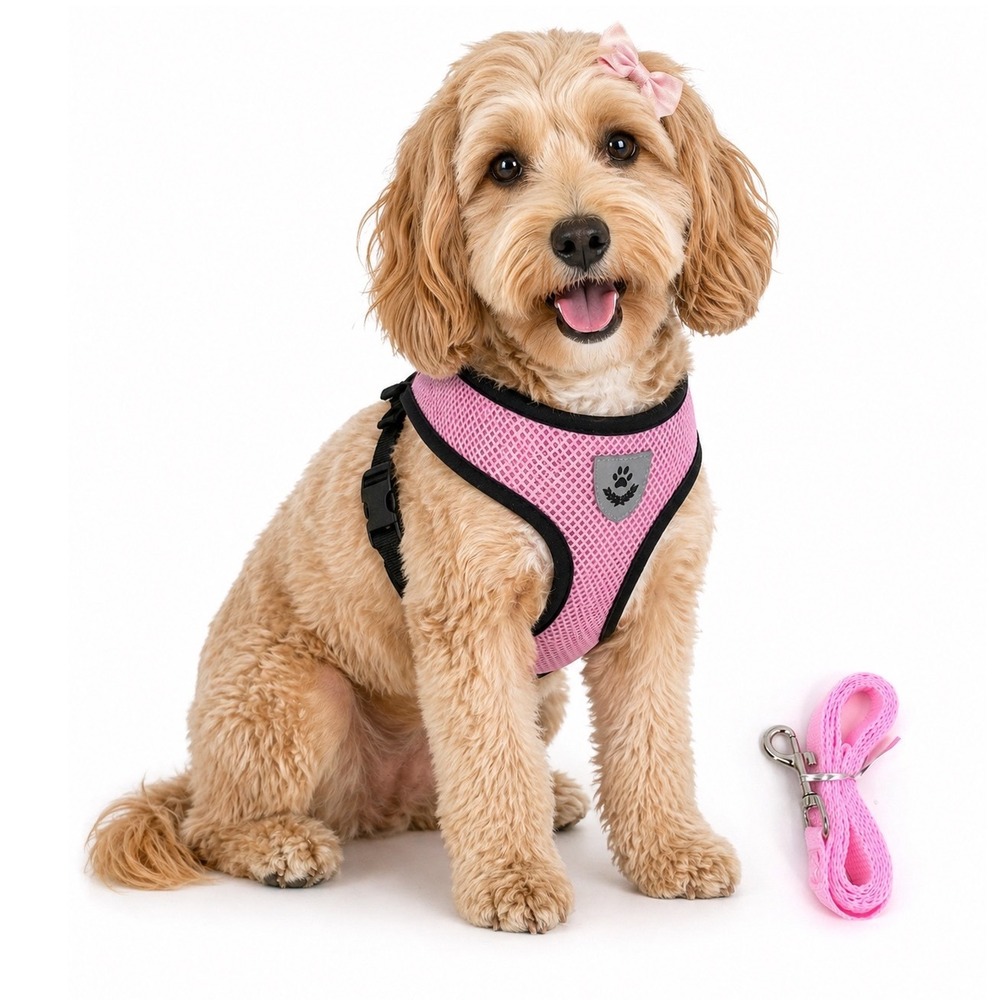 Pink Mesh Dog Harness Leash Set Small Medium Adjustable Reflective 45in Leash